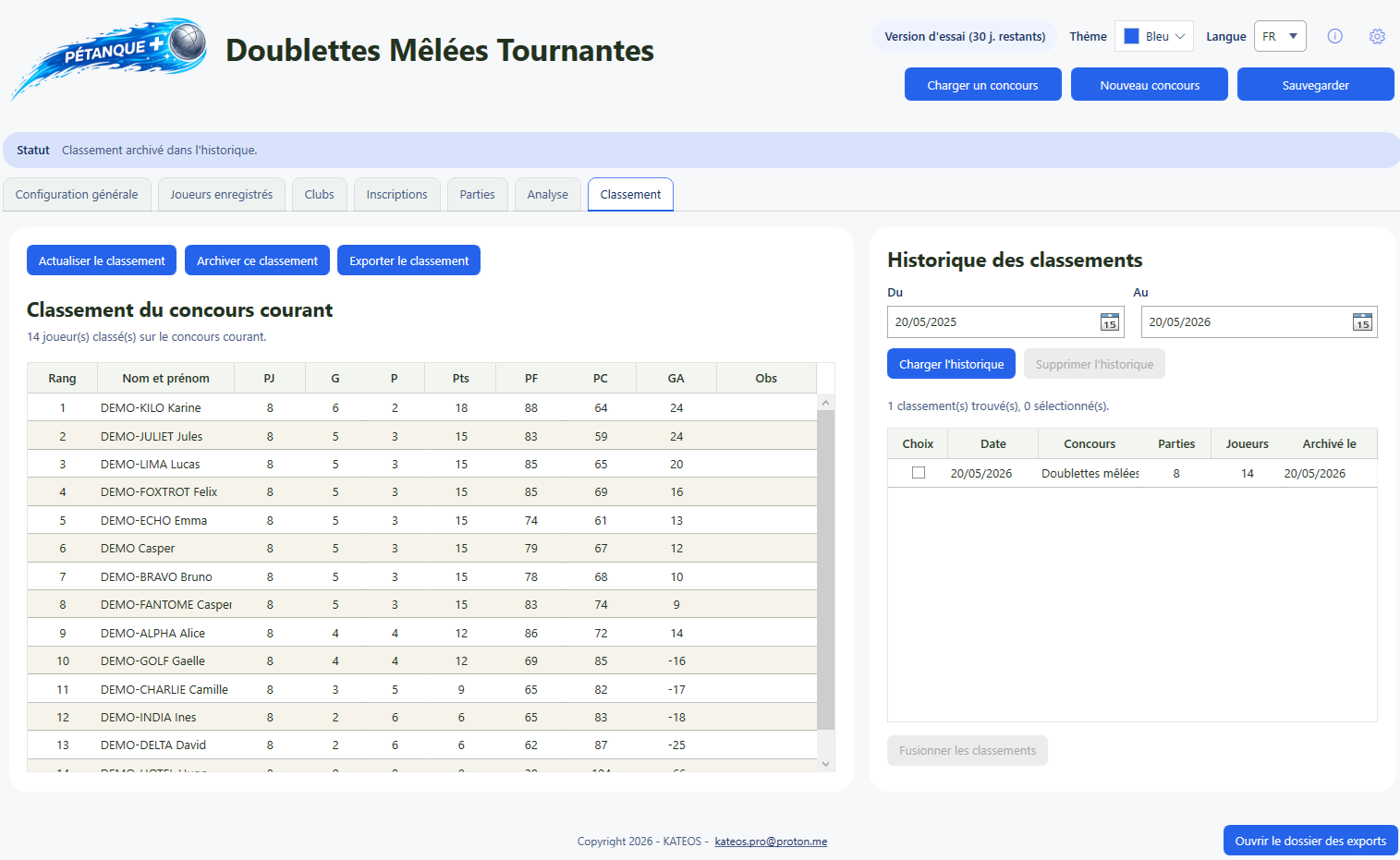 Classement final dans Pétanque+.