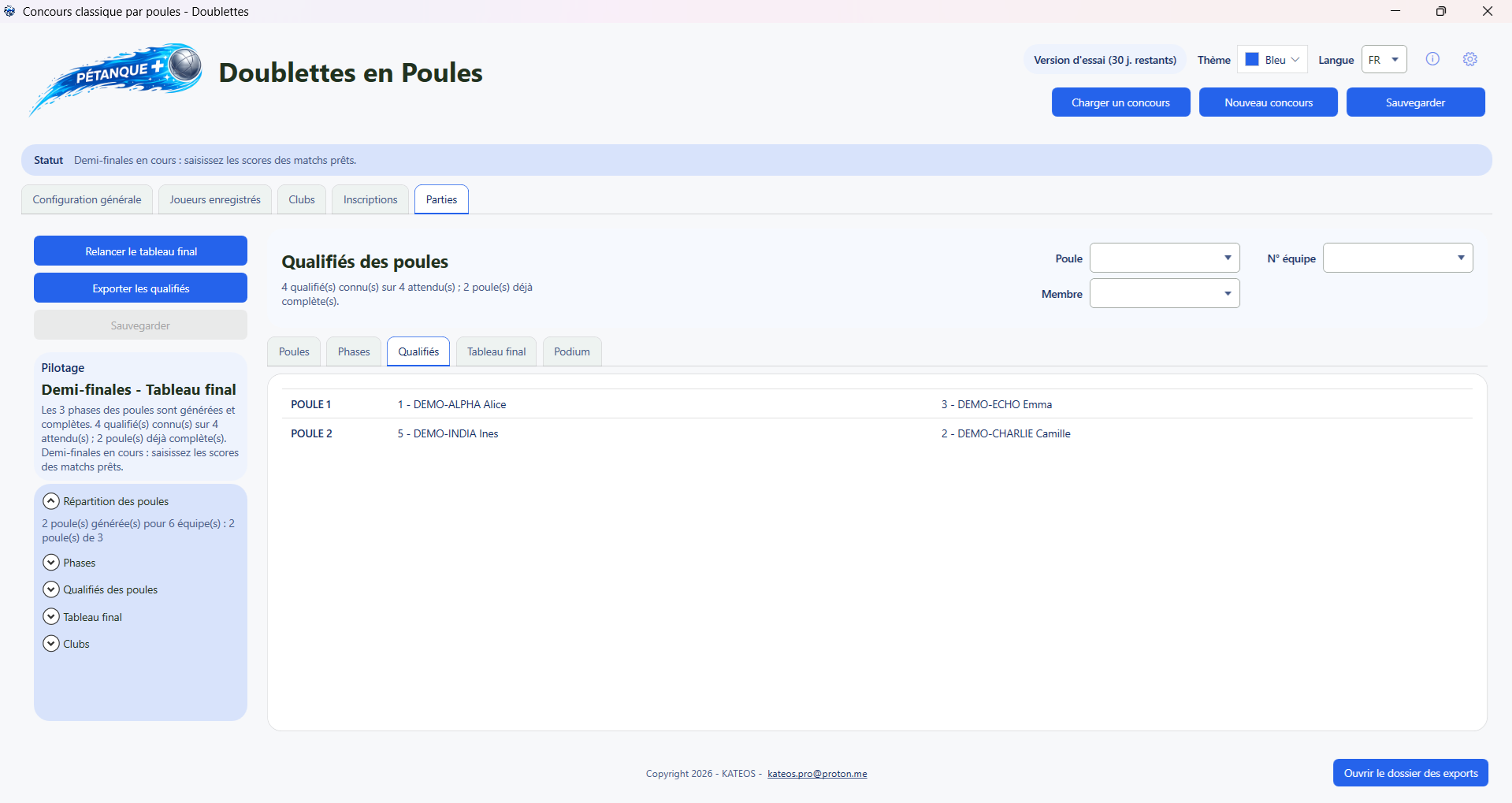 Vue détaillée d'organisation dans Pétanque+.